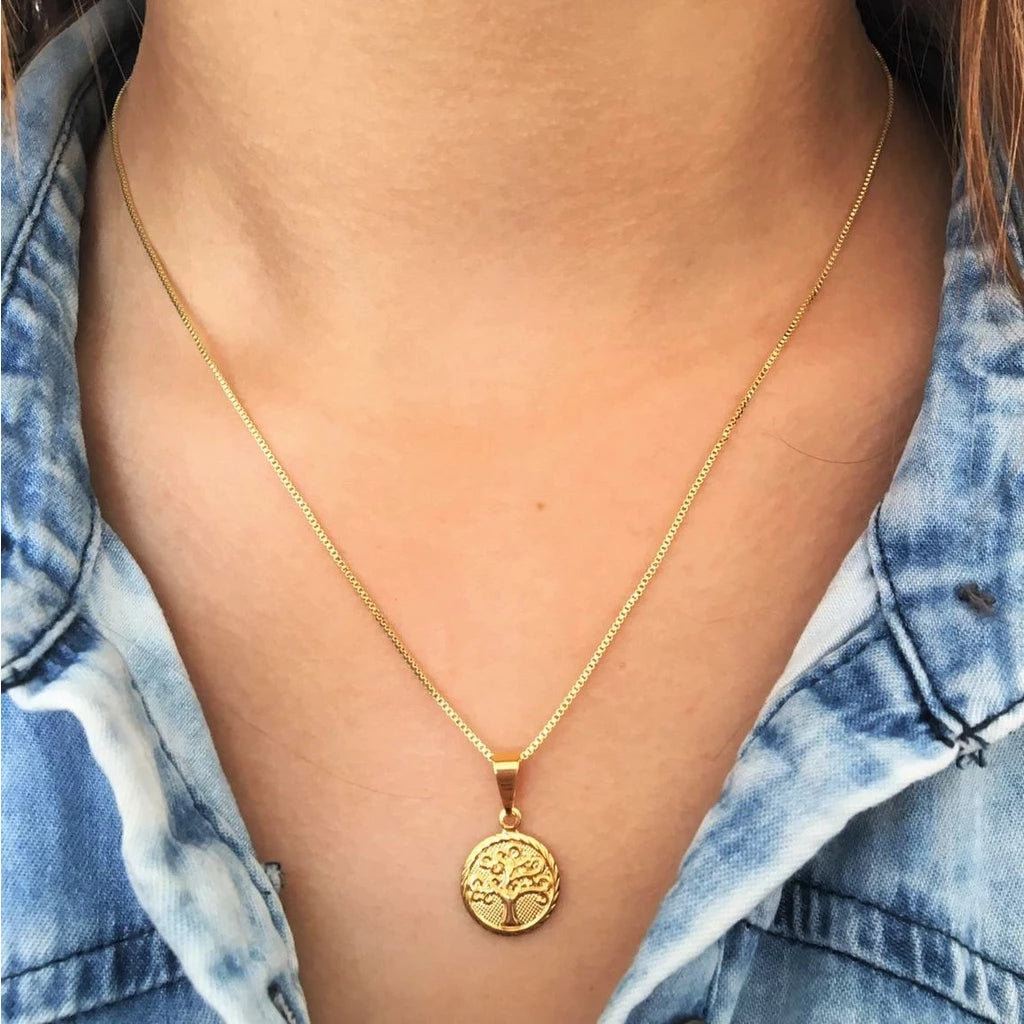 Colar Choker Feminino + Pingente Árvore da Vida Banhado a Ouro 18k