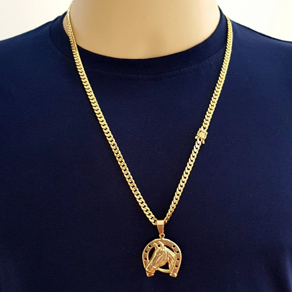 Corrente Masculina Grumet 5mm com Pingente de Ferradura Banhados a Ouro 18k