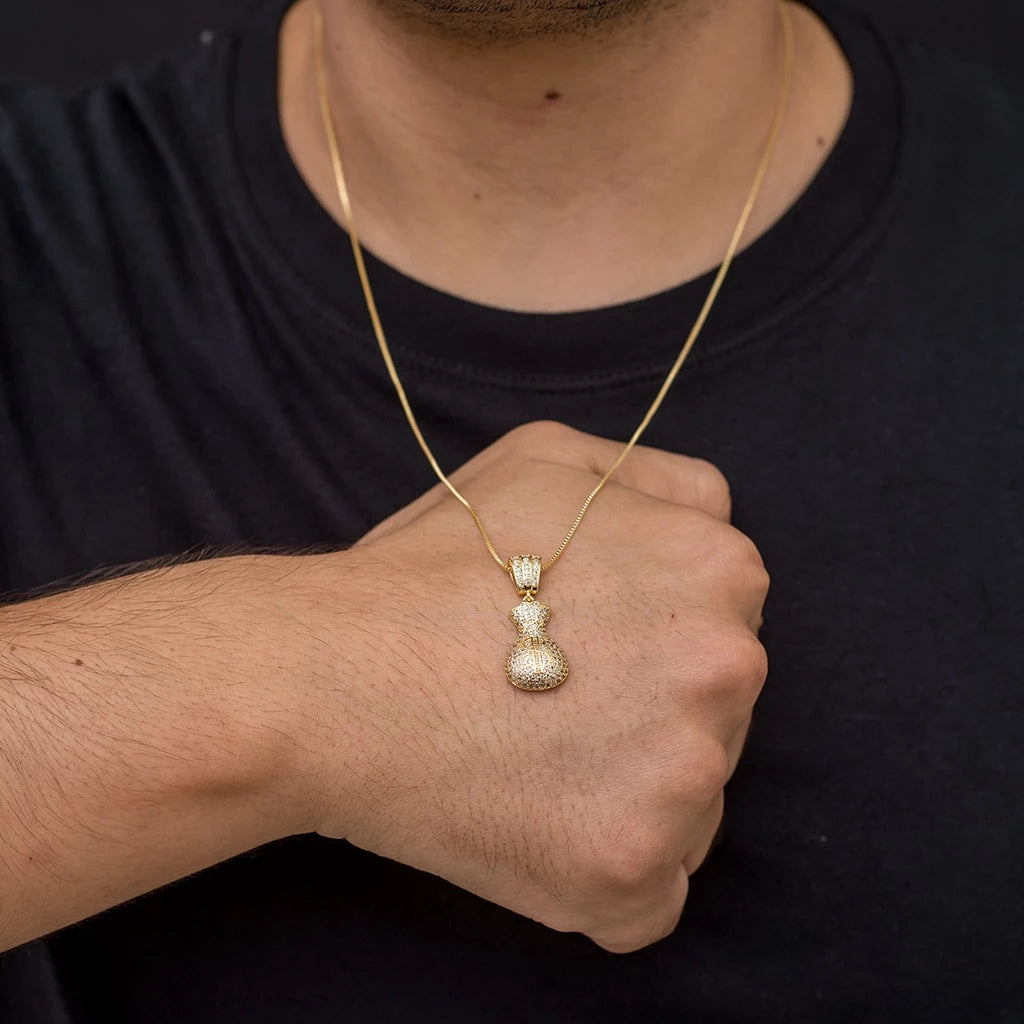 Corrente Ice Veneziana Masculina com Pingente Ice Saco Malote Cifrão Cravejado Banhados a Ouro 18k