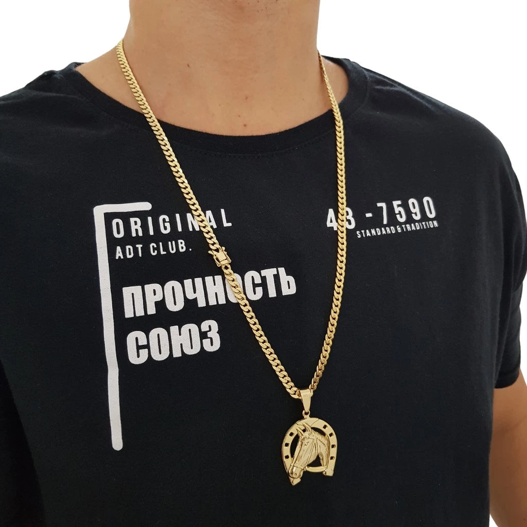 Corrente Masculina Grumet 5mm com Pingente de Ferradura Banhados a Ouro 18k