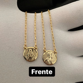 Escapulário Colar Nossa Senhora do Carmo e Sagrado Coração Jesus Banhado a Ouro 18k