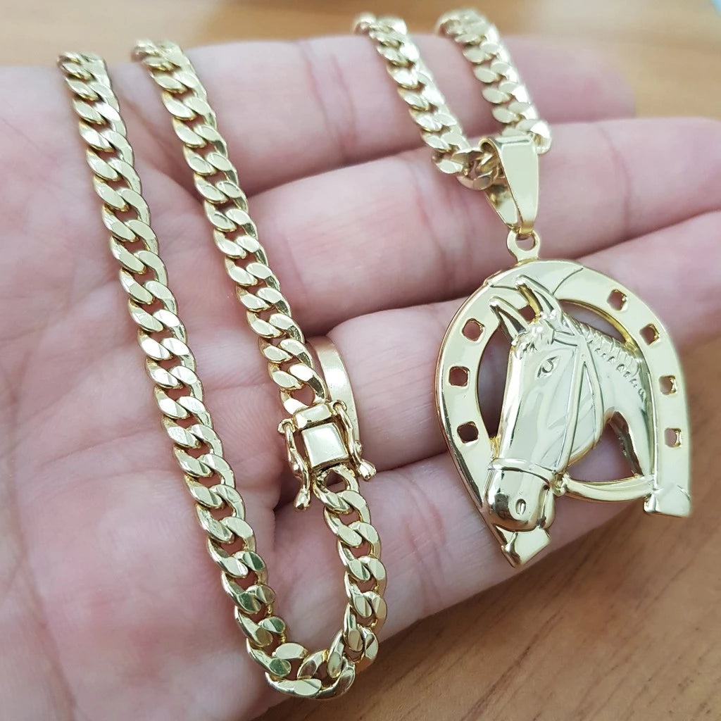 Corrente Masculina Grumet 5mm com Pingente de Ferradura Banhados a Ouro 18k