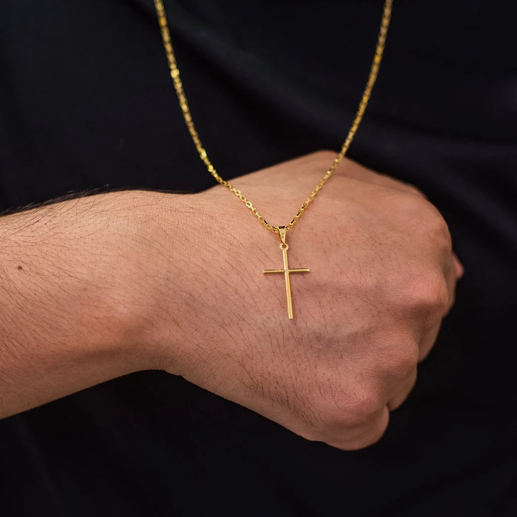 Corrente Cartier Tijolinho + Pingente Cruz Palito Banhados a Ouro 18k