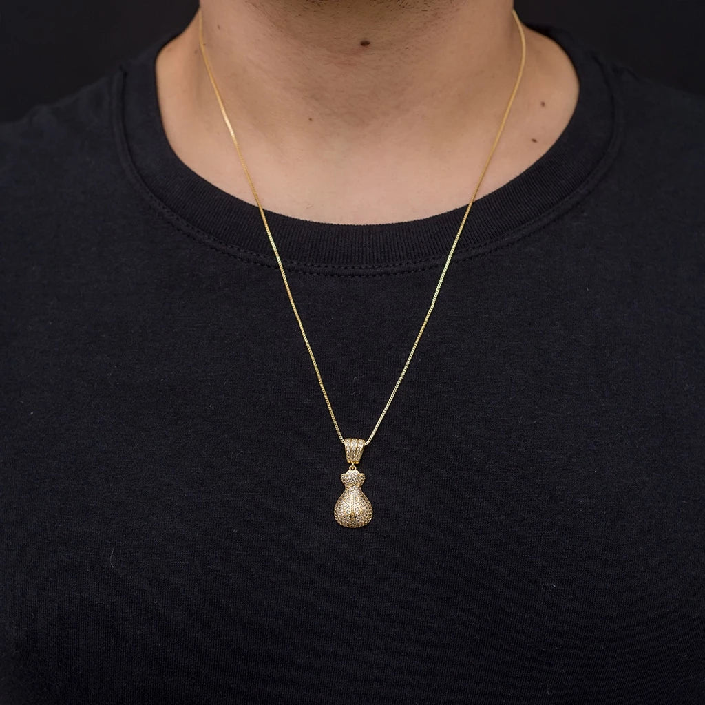 Corrente Ice Veneziana Masculina com Pingente Ice Saco Malote Cifrão Cravejado Banhados a Ouro 18k