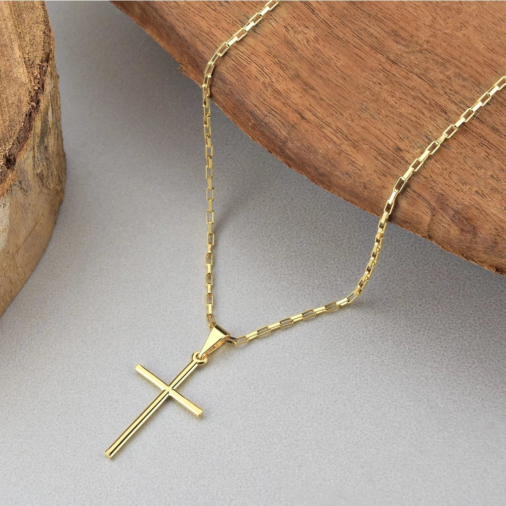 Corrente Cartier Tijolinho + Pingente Cruz Palito Banhados a Ouro 18k