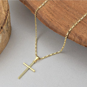 Corrente Cartier Tijolinho + Pingente Cruz Palito Banhados a Ouro 18k