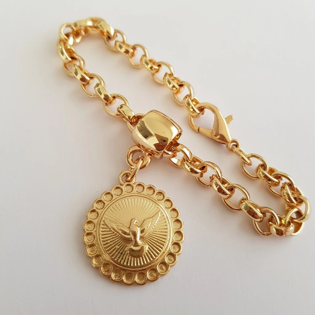 Pulseira Feminina com Pingente Espírito Santo Dourado