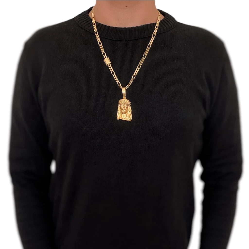 Corrente Cordão 3x1 Masculino com Pingente Face Jesus Cristo Grande Fecho Gaveta