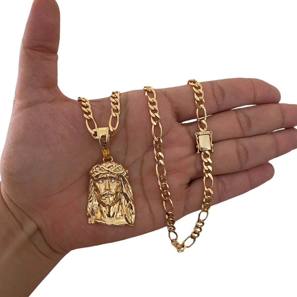 Corrente Cordão 3x1 Masculino com Pingente Face Jesus Cristo Grande Fecho Gaveta