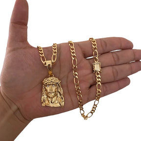 Corrente Cordão 3x1 Masculino com Pingente Face Jesus Cristo Grande Fecho Gaveta