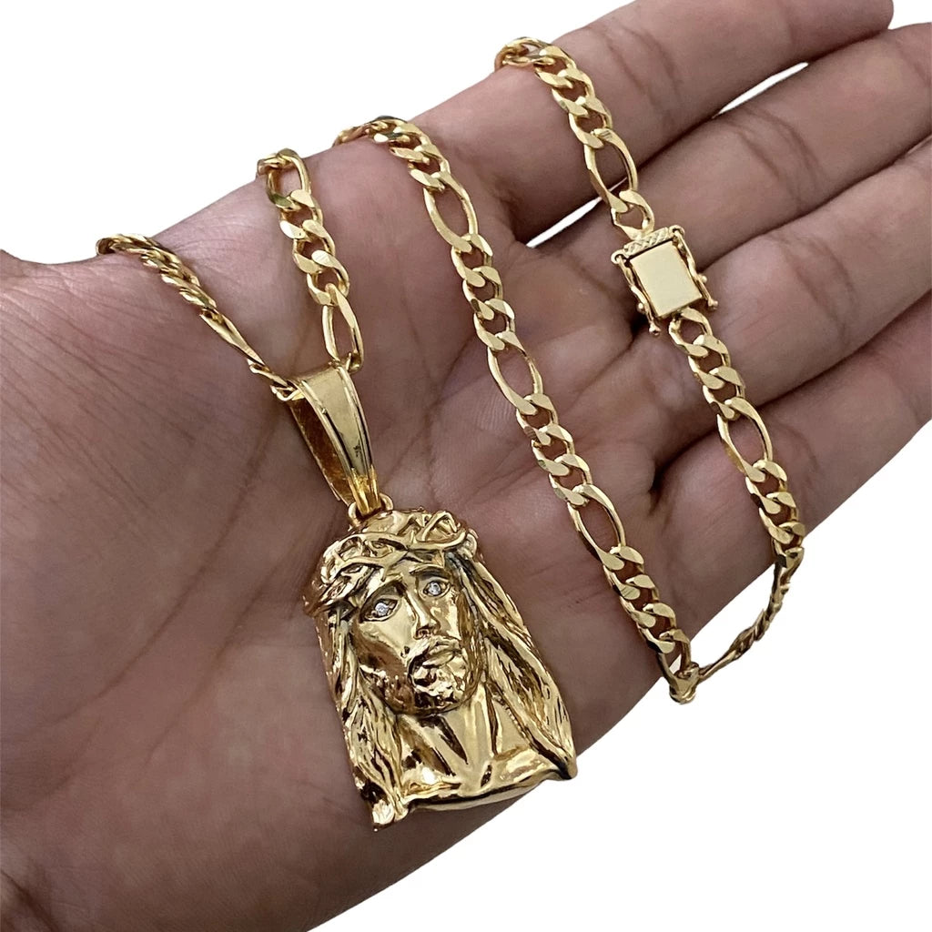 Corrente Cordão 3x1 Masculino com Pingente Face Jesus Cristo Grande Fecho Gaveta