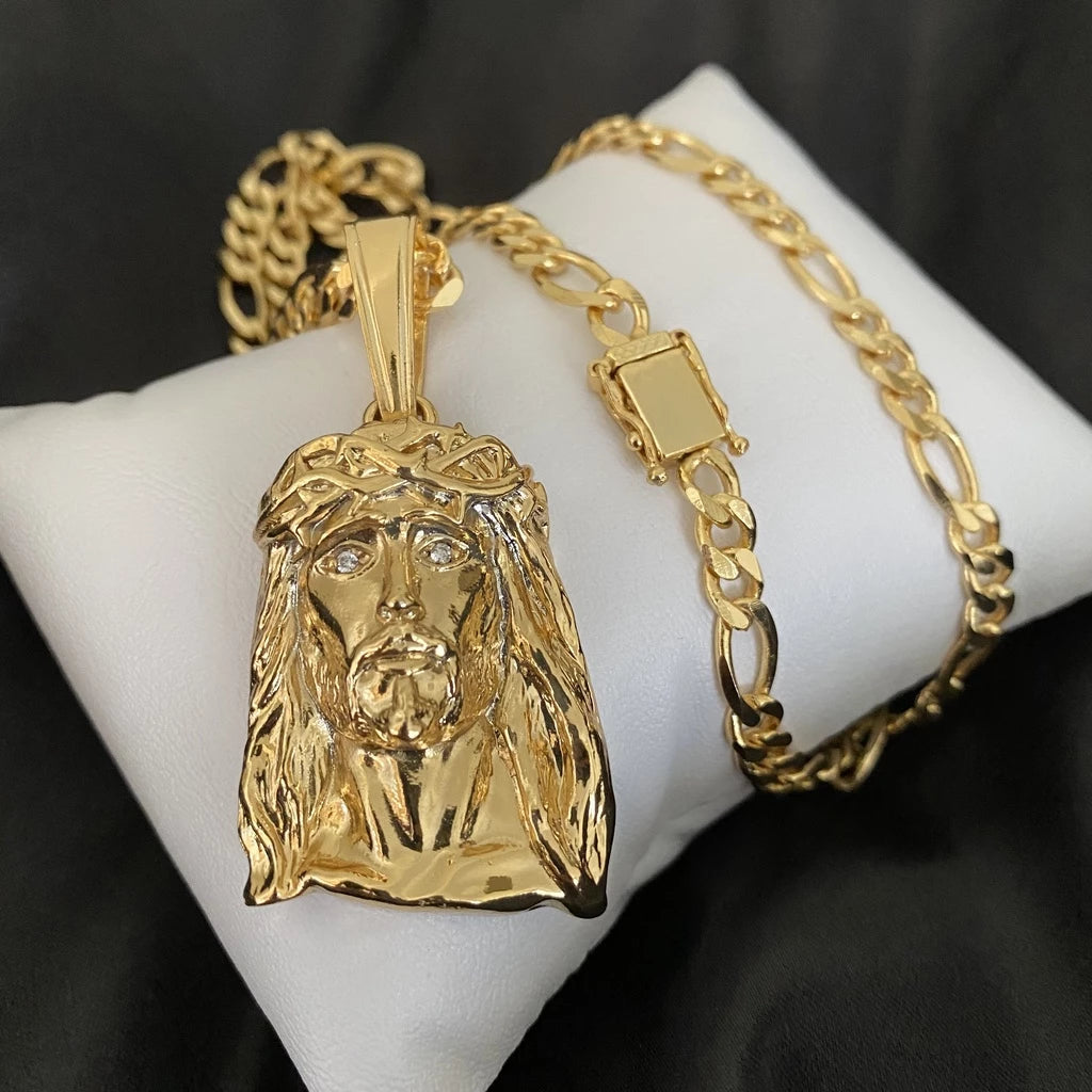 Corrente Cordão 3x1 Masculino com Pingente Face Jesus Cristo Grande Fecho Gaveta