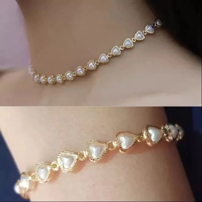Kit Conjunto Colar Choker + Pulseira de Pérolas de Coração Delicado Banhado a Ouro 18K