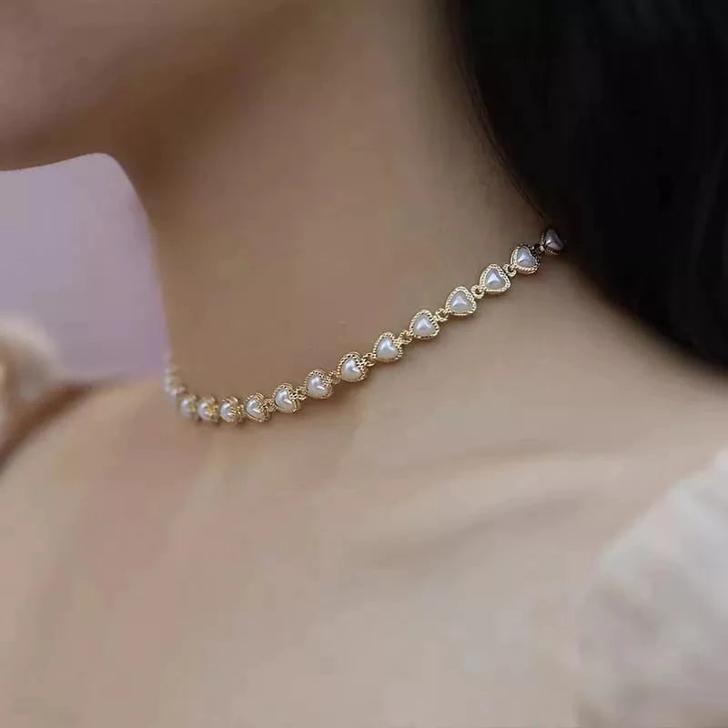 Kit Conjunto Colar Choker + Pulseira de Pérolas de Coração Delicado Banhado a Ouro 18K