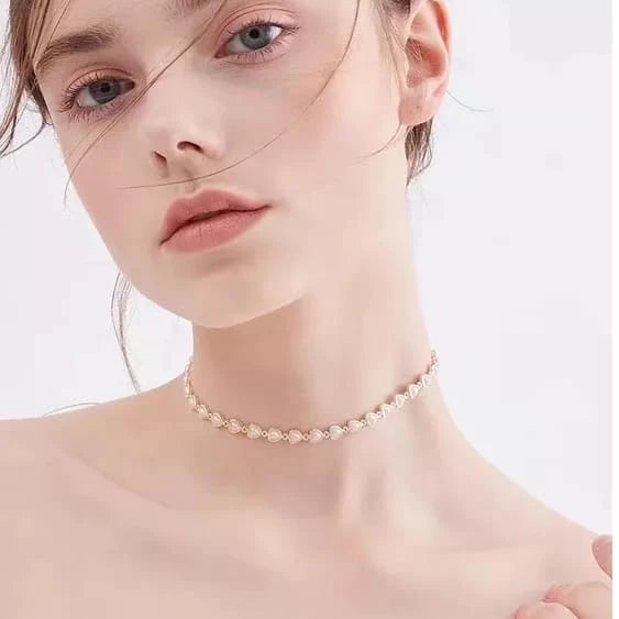 Kit Conjunto Colar Choker + Pulseira de Pérolas de Coração Delicado Banhado a Ouro 18K