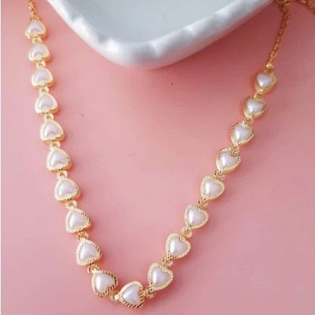 Kit Conjunto Colar Choker + Pulseira de Pérolas de Coração Delicado Banhado a Ouro 18K