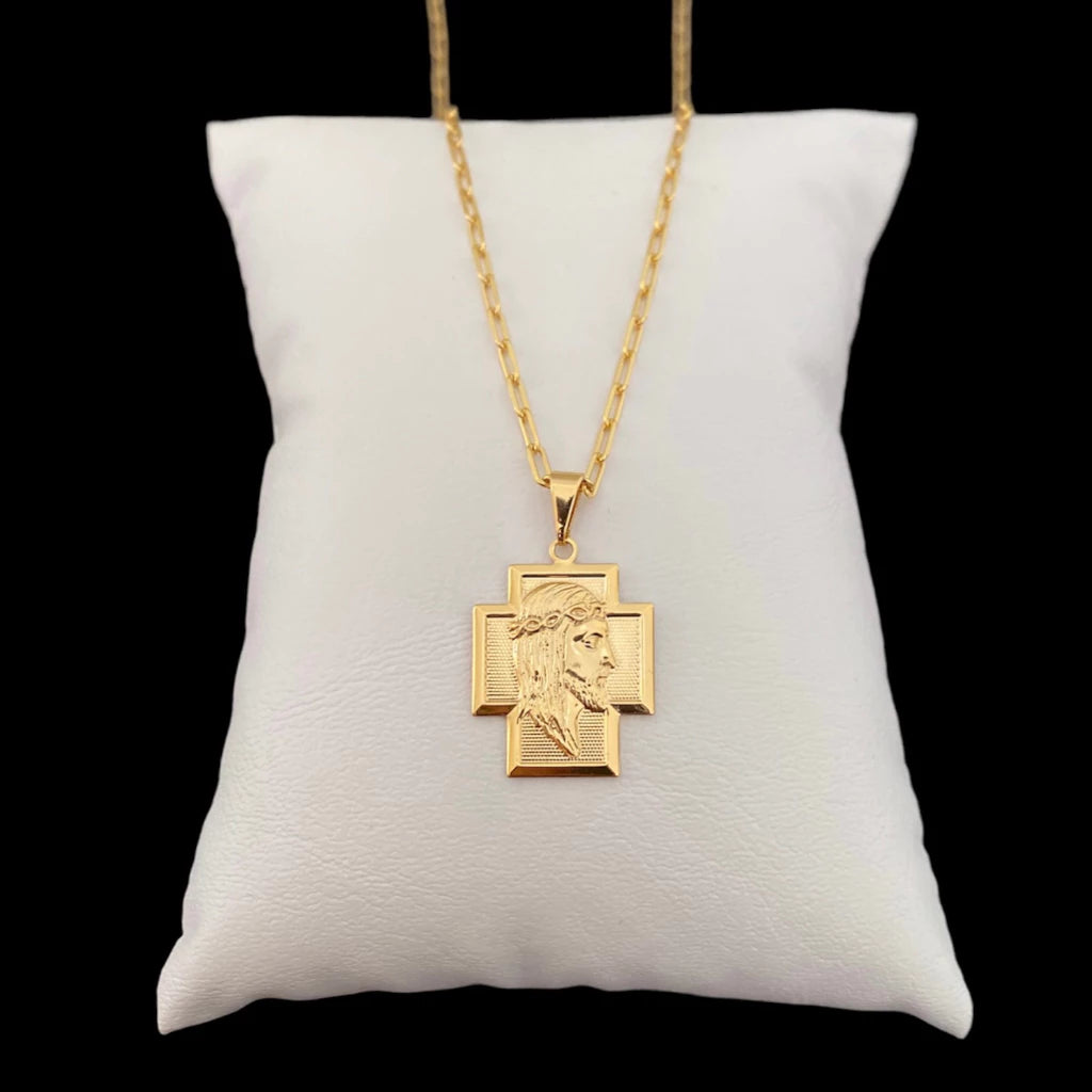 Corrente Masculina Cordão + Pingente Cruz Face Jesus Cristo Banhado a Ouro 18k