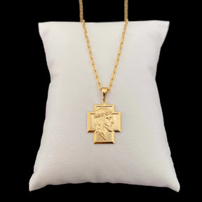 Corrente Masculina Cordão + Pingente Cruz Face Jesus Cristo Banhado a Ouro 18k
