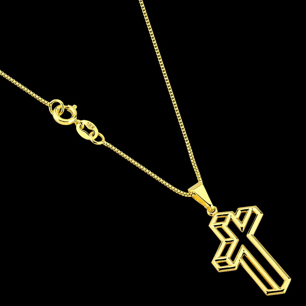 Corrente Veneziana 1mm + Pingente Cruz 3D Banhados a Ouro 18k: