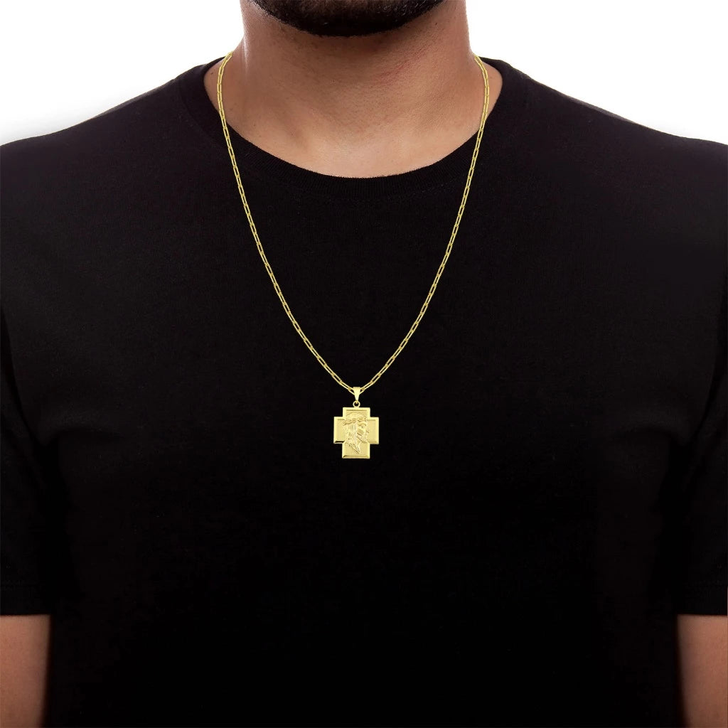 Corrente Masculina Cordão + Pingente Cruz Face Jesus Cristo Banhado a Ouro 18k