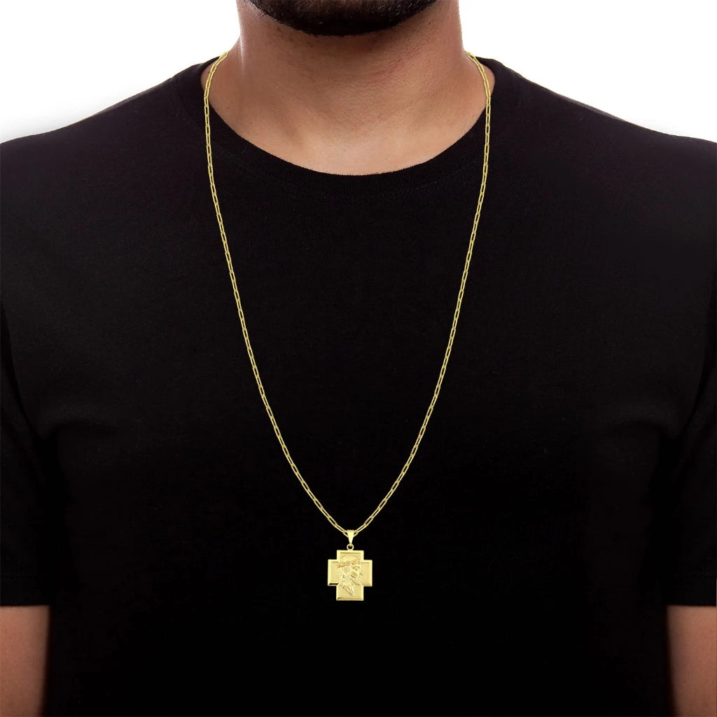 Corrente Masculina Cordão + Pingente Cruz Face Jesus Cristo Banhado a Ouro 18k