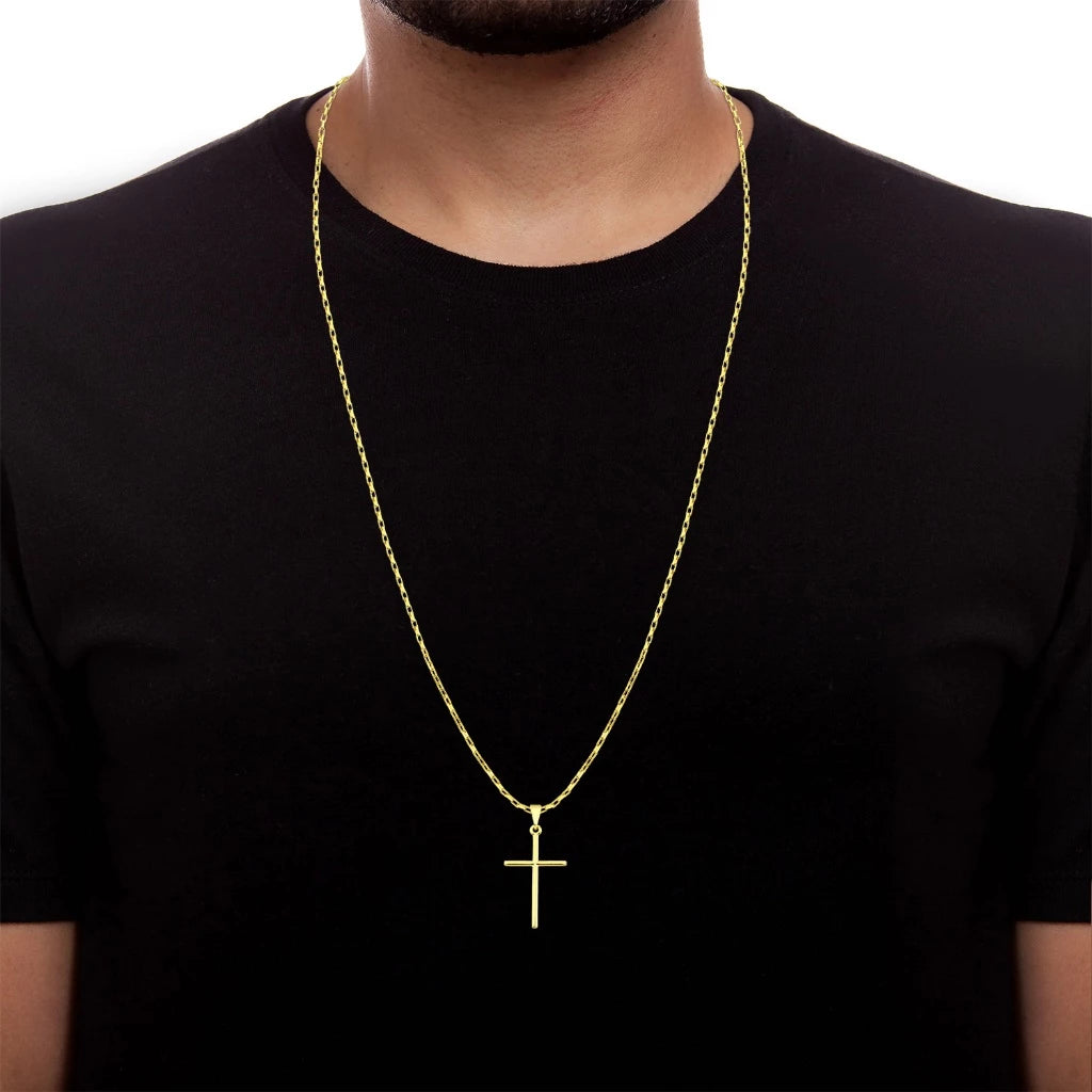 Corrente Cartier Tijolinho + Pingente Cruz Palito Banhados a Ouro 18k