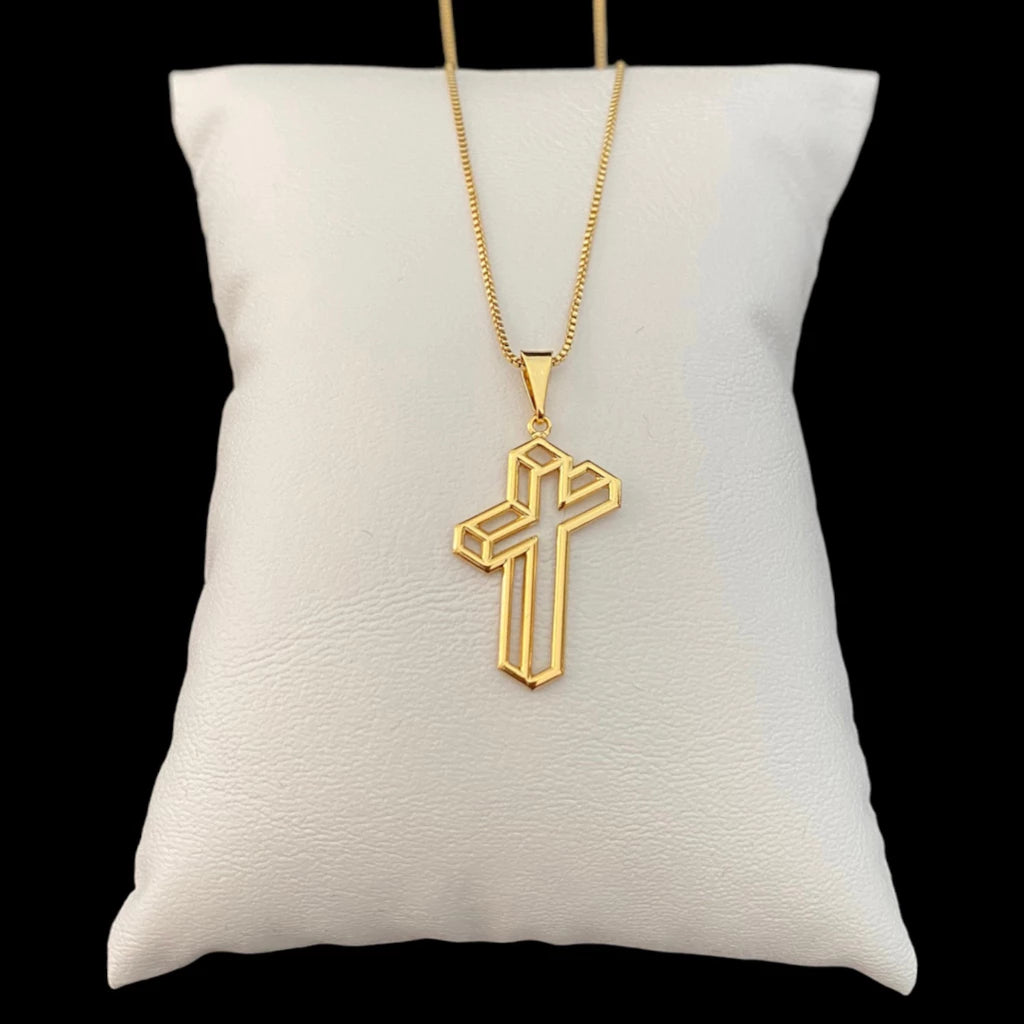Corrente Veneziana 1mm + Pingente Cruz 3D Banhados a Ouro 18k: