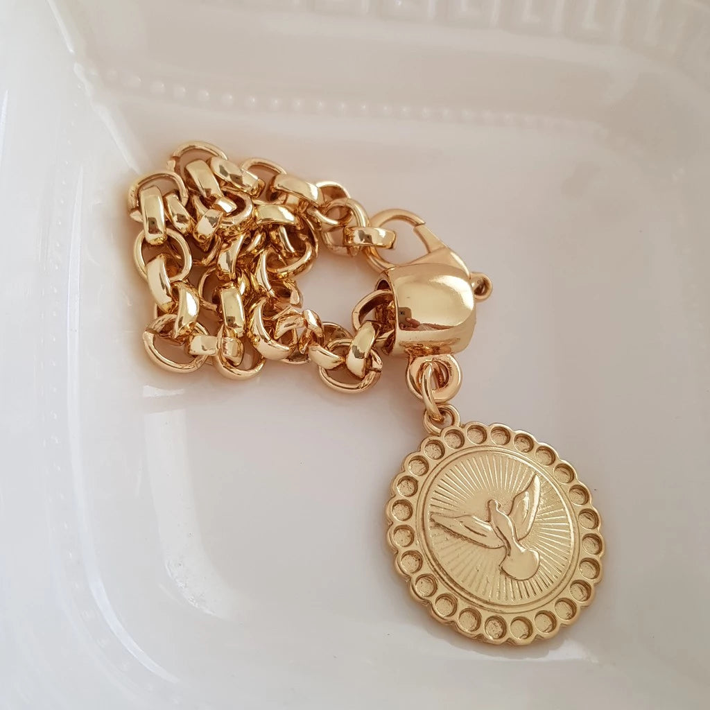 Pulseira Feminina com Pingente Espírito Santo Dourado
