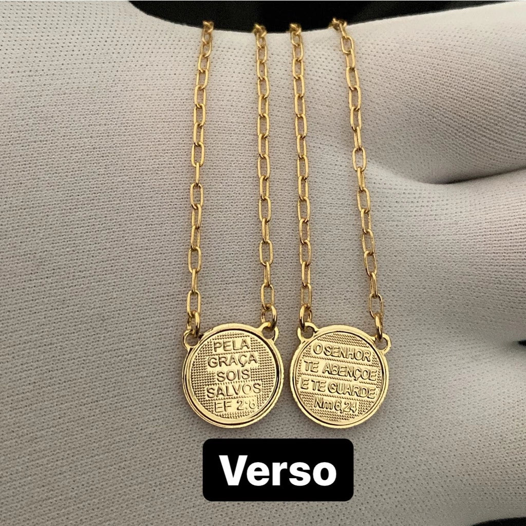 Escapulário Colar Nossa Senhora do Carmo e Sagrado Coração Jesus Banhado a Ouro 18k