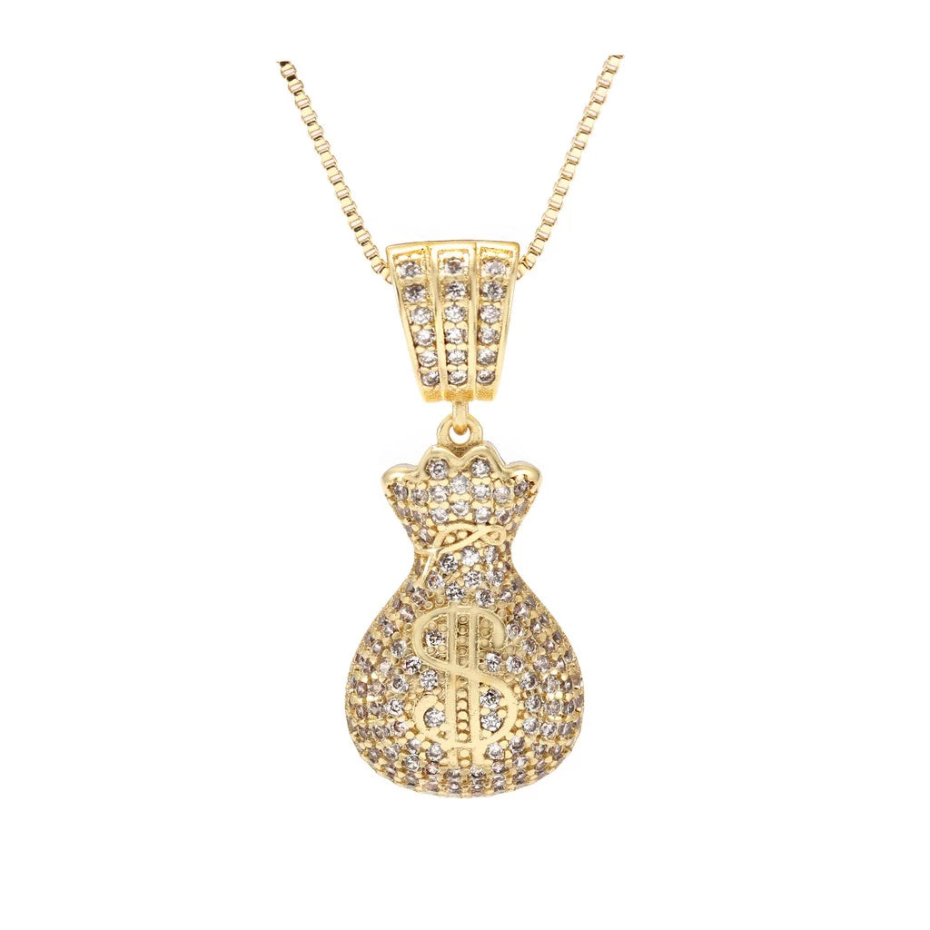 Corrente Ice Veneziana Masculina com Pingente Ice Saco Malote Cifrão Cravejado Banhados a Ouro 18k