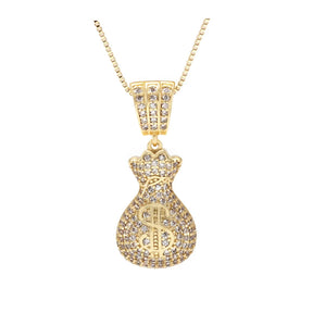 Corrente Ice Veneziana Masculina com Pingente Ice Saco Malote Cifrão Cravejado Banhados a Ouro 18k